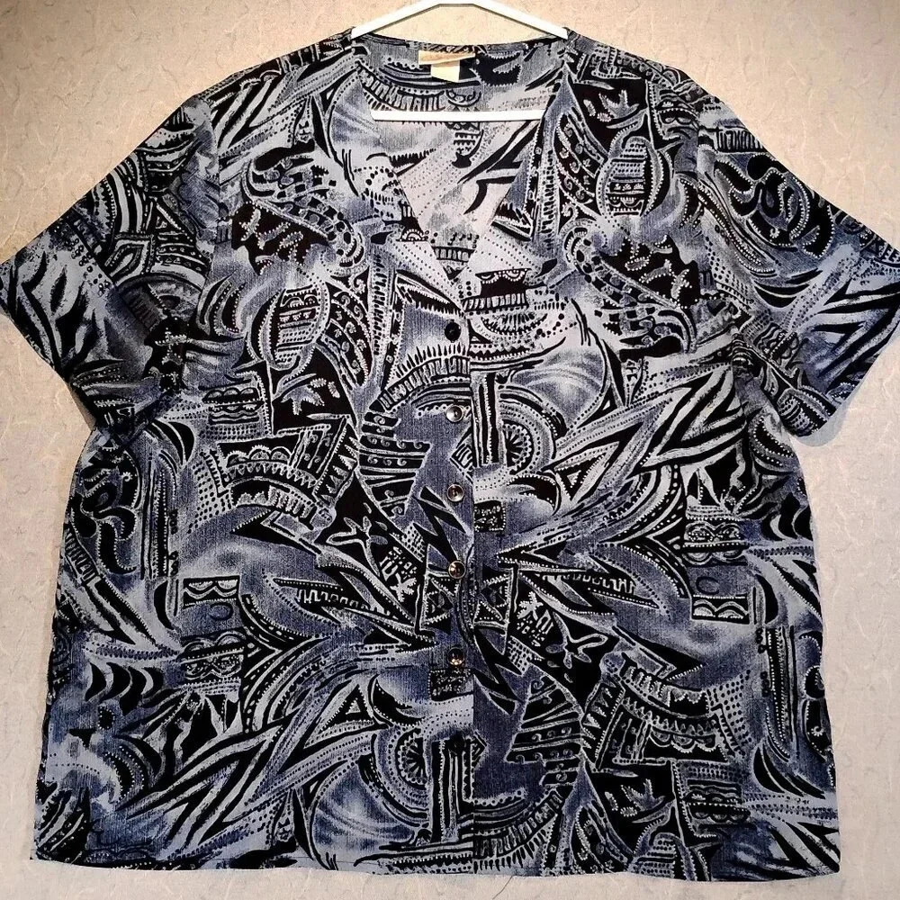 Carroll Reed  Women's Blue & Black Short Sleeve V-Neck Button Down Blouse Size X